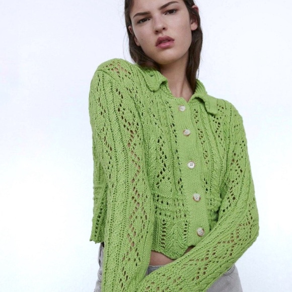 Zara Sweaters - ZARA • Crochet Knit Cardigan Sweater in bright green